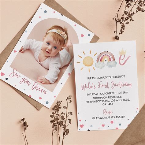 Editable Sunshine Rainbow First Birthday Invitation Boho Rainbow 1st