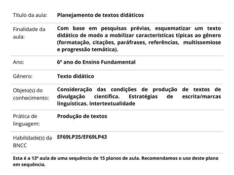 Plano de aula 6º ano Planejamento de textos didáticos