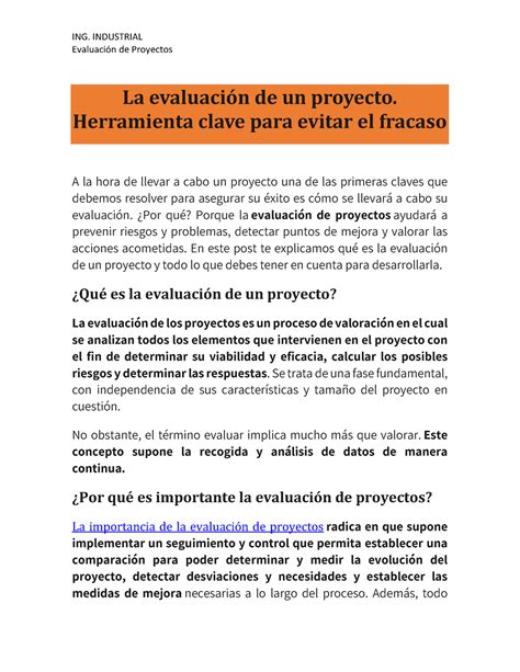 La evaluación de un proyecto Evaluación de Proyectos La evaluación de