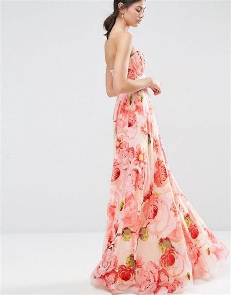 Asos Tall Wedding Floral Printed Ruched Bandeau Mesh Maxi Dress Asos