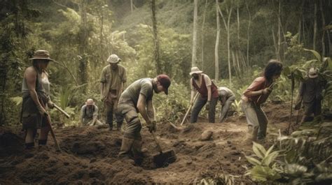 Premium AI Image A Group Of People Digging In The Jungle With A Shovel