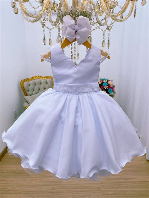 Vestido Infantil Branco Batizado Cinto Aplique De P Rola Rosa