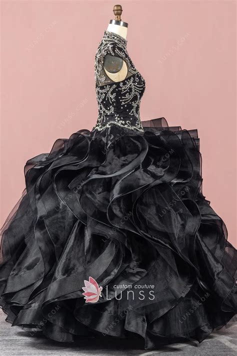 Luxury Beaded Flounced Black Organza Corset Ball Gown Lunss