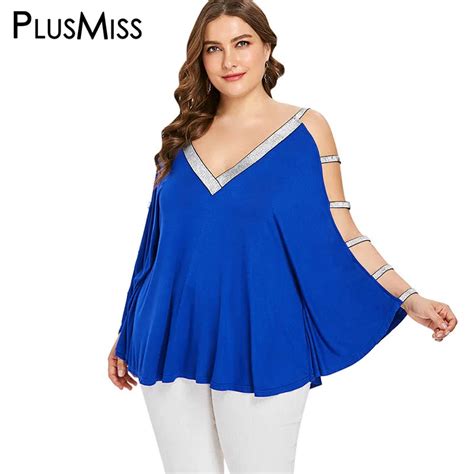 PlusMiss Plus Size Sexy Cold Shoulder Sequin Loose Tops Women Clothing