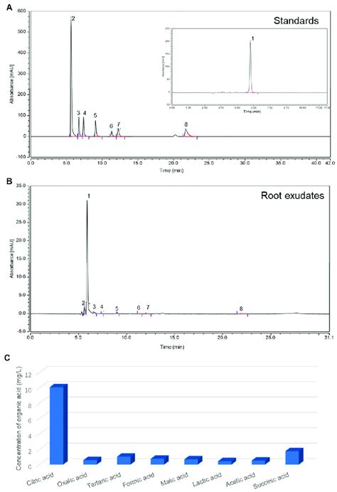 Chromatogram Of Organic Acid Standards A And Root Exudates B And Download Scientific