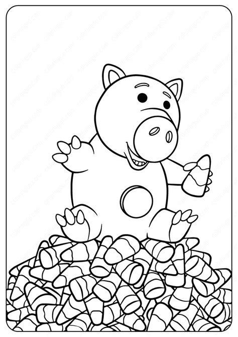 a coloring page with a pig sitting on top of some rocks and looking at ...