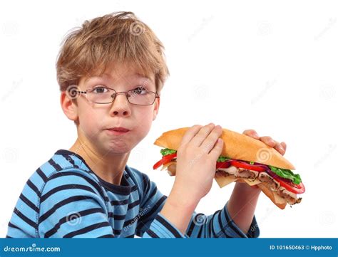 Boy Eating Large Sandwich On White Stock Image Image Of Large