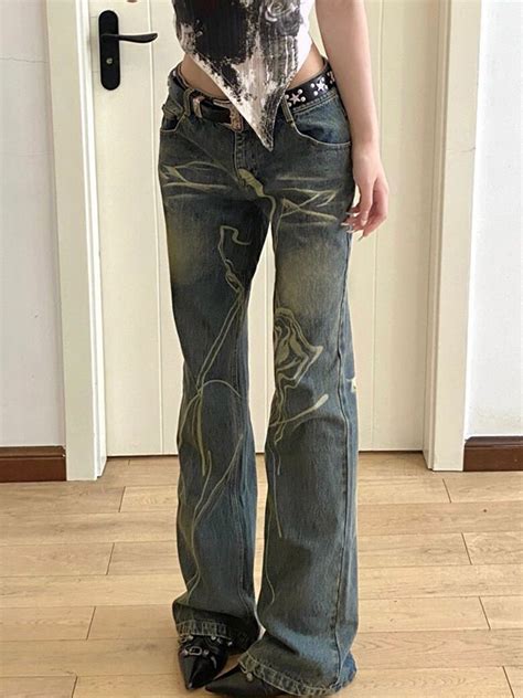 Emmiol Free Shipping Washed Irregular Print Low Waist Flare Jeans