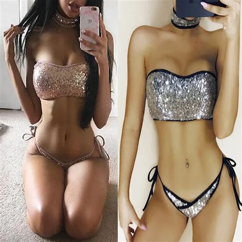 New Design Back Zipper Bikini Women Thong Swimwear Sequin Bikinis Set