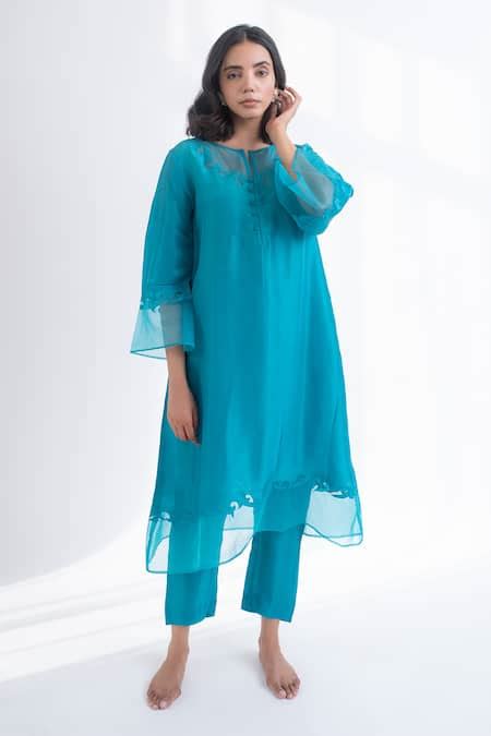 Buy Blue Upada Silk Embroidered Applique Notched Kurta Set For Women By