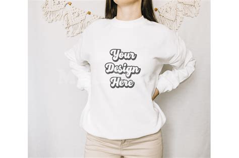 White Gildan 18000 Sweatshirt Boho Mockup By Millaly TheHungryJPEG