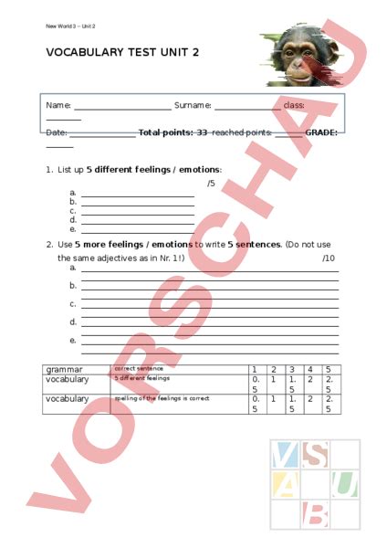 Arbeitsblatt Vocabulary Test New World 3 Unit 2 Englisch Wortschatz