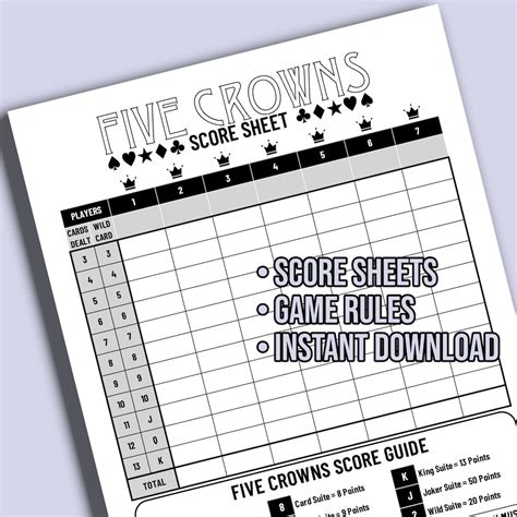Five Crowns Printable Score Sheet Game Rules Digital Files Etsy