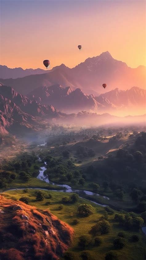 The Landscape Of Morning Fog And Mountains With Hot Air Balloon Stock