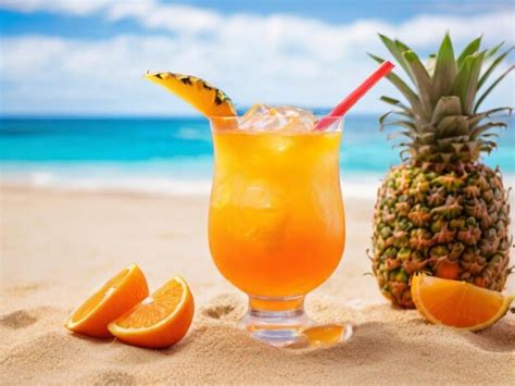 Premium Photo A Beach Scene With A Glass Of Pineapple Juice And