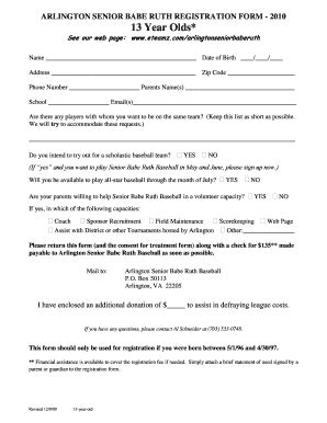 Fillable Online Arlington Senior Babe Ruth Registration Form Eteamz Fax Email Print