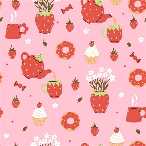 Premium Vector Seamless Pattern With Strawberry Cups Teapots Vector Image