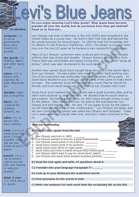 Levi´s Blue Jeans Esl Worksheet By Miss Alelí