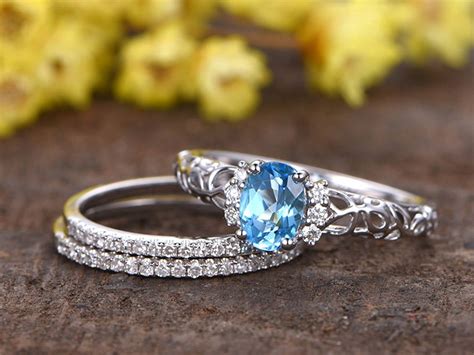 Natural Swiss Blue Topaz Engagement Ring Set5x7mm Oval Etsy In 2020