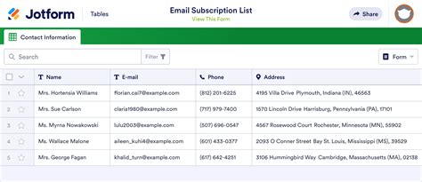 Email Subscription List Template | Jotform Tables