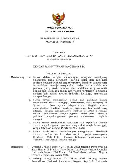 Wali Kota Banjar Provinsi Jawa Barat Peraturan Wali Kota Banjar Nomor