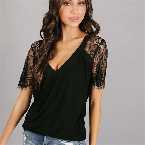 Black Elegant Sheer Blouse Women Contrast Lace Top Office Ladies Short