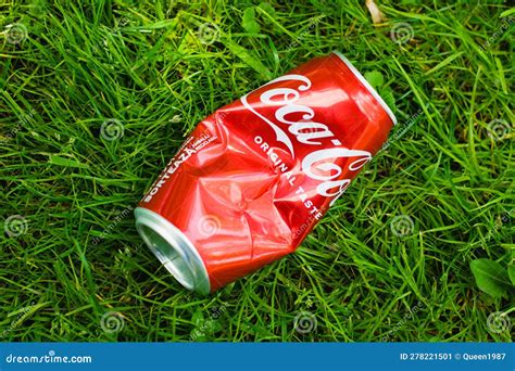 Ukraine Chernihiv May 13 2023 Crushed Tin Can Of Coca Cola On The