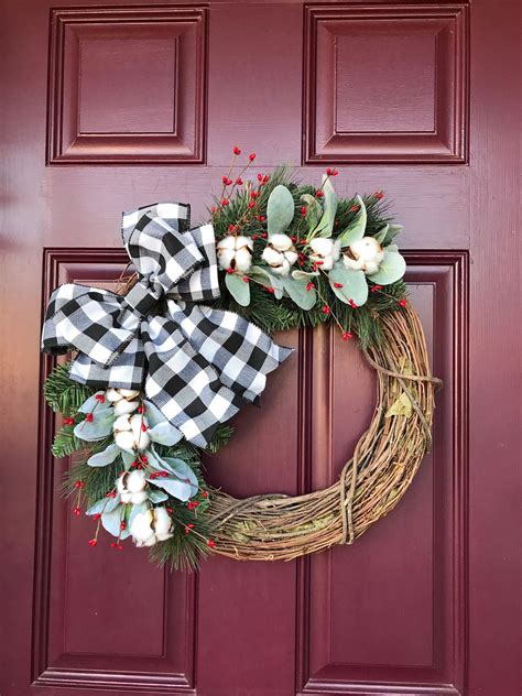 Farmhouse Christmas Wreath With Buffalo Plaid Bow And Lambs Etsy