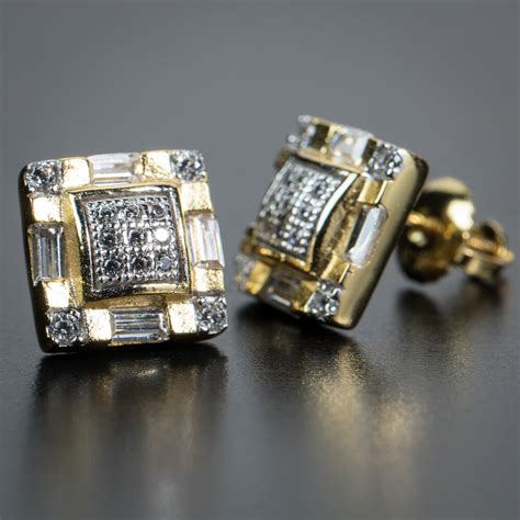 Mens Gold Baguette Square Iced Hip Hop Earrings