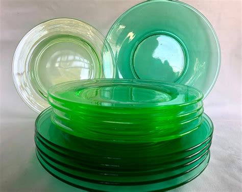 1930s Uranium Glass Plates Vintage Green Glass Plates Antique Depression Glass Plates Retro