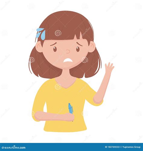 Worried Girl With Pen In Hand Cartoon Isolated Icon Design Stock Vector