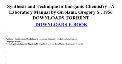 Synthesis And Technique In Inorganic Chemistry A Laboratory Manual By