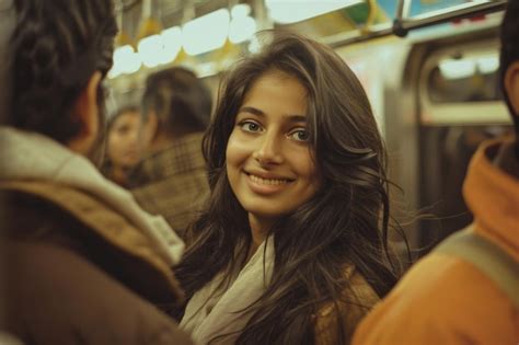 Indian Woman With Bright Smile Enjoys Her Subway Commute Capturing Joy