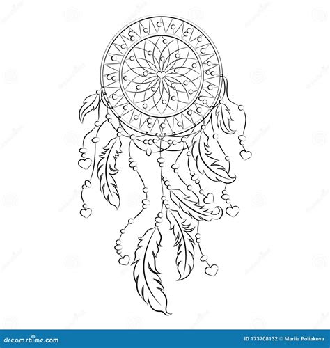 Beautiful Dreamcatcher With Feathers And Hearts Drawing A Black Line