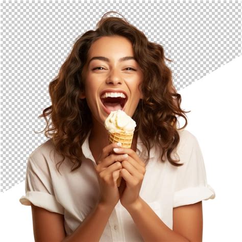 Premium PSD A Woman Is Eating An Ice Cream Cone With A White Background