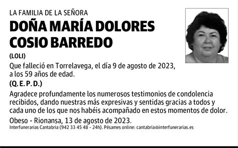 Do A Mar A Dolores Cosio Barredo Esquela El Diario Monta S