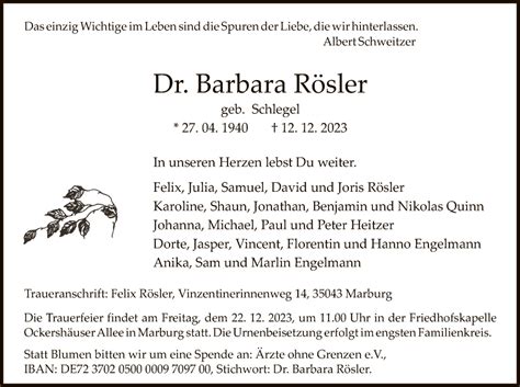 Traueranzeigen Von Barbara R Sler Trauer Hna De