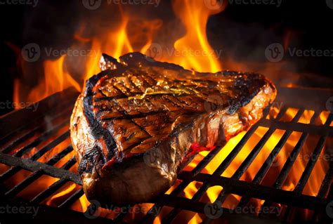 T Bone Steak Or Porterhouse On Grill With Blazing Fire Flame Food And