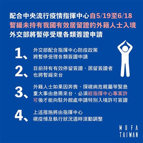 配合中央流行疫情指揮中心自5月19日至6月18日暫緩未持有我國有效居留證的外籍人士入境，外交部將暫停受理各類簽證申請 新南向政策資訊平臺