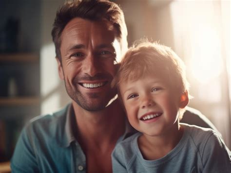 Premium Photo Happy Father Day Father And Son Smiling Happily