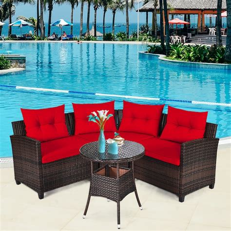 Costway 4 Piece Rattan Patio Sofa Conversation Set With Red Cushions In The Patio Conversation