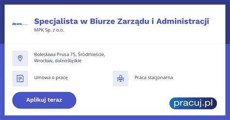 Oferta pracy Specjalista w Biurze Zarządu i Administracji MPK Sp z o