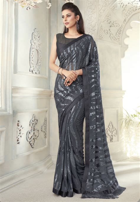 Grey Fancy Saree With Fringe Detail Sarees Designer Collection