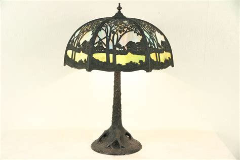 Tree Base Antique Lamp Stained Glass Tree And Cottage Shade