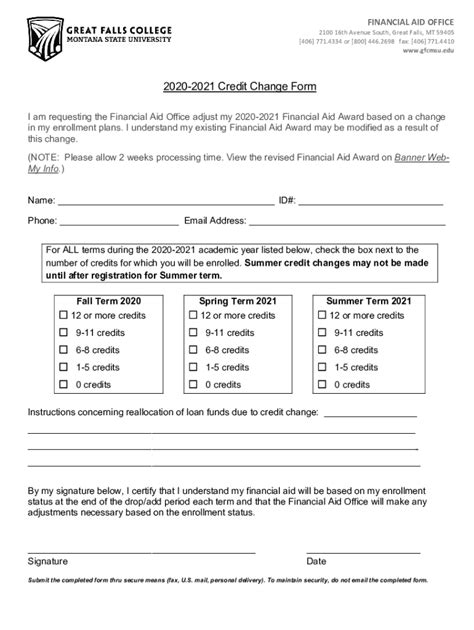 Fillable Online Finaid Gfcmsu 2020 2021 Credit Change Form Financial