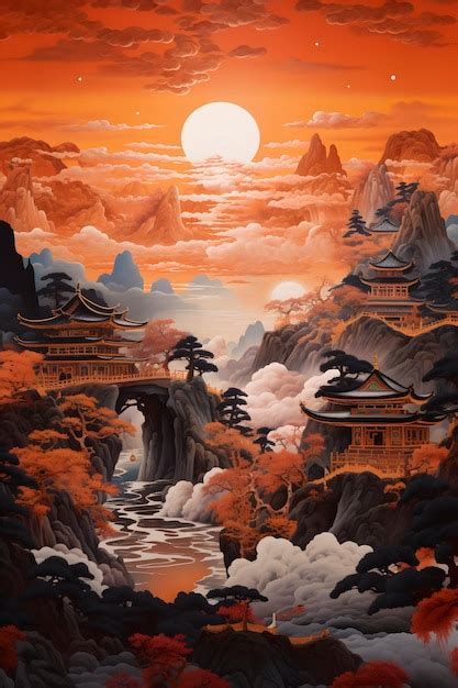 Premium Photo | Luminous japanese landscape painting traditional