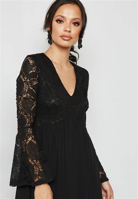 Buy Mela London Black Flute Sleeve Lace Maxi Dress For Women In Mena