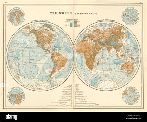 WORLD IN HEMISPHERES: Relief. NSEW. Land & Water. River lengths, 1920 ...