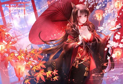 Foxgirl Manga Umbrella Parasol Leaf Red Autumn Lantern Kimono