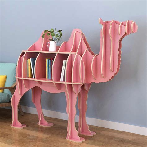 Camel Wooden Bookcase With Open Cubes And Shelves Free Standing Animal